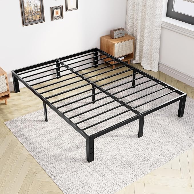 OLIXIS Full Size Metal Platform Bed Frame with Storage Space, Heavy Duty Sturdy Mattress Foundation, Strong Support Slats, Easy to Assemble, Black