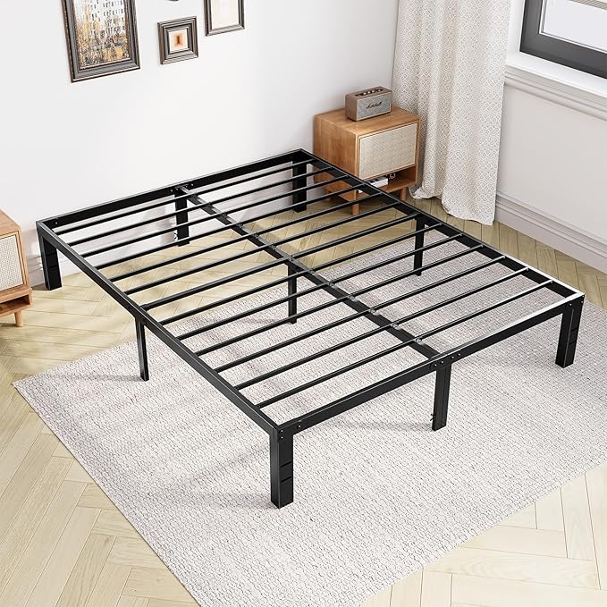 OLIXIS Queen Metal Platform Bed Frame - 14in High Heavy Duty Mattress Foundation with Storage Space, No Box Spring Needed, Sturdy Steel Slat Support, Easy Assembly, Black