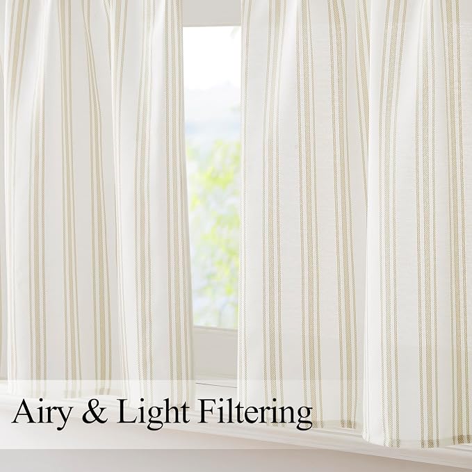 ZJDECOR Cotton Blended Tier Cafe Curtains with Beige Stripes,27" Wx24 Lx2 | Kitchen Curtains,Semi Sheer,Rod Pocket,Cotton Blend Tiers,Cottage Farmhouse Rusitc,Kitchen Bathroom RV Window Treatment
