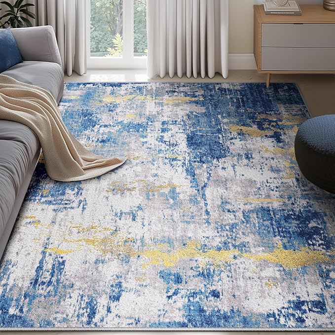 RELEANY Washable 5'x7' Abstract Area Rug for Living Room Blue Gold | Carpet for Bedroom, Kitchen, Office, Hallway and Entryway, Printed Pattern, Non‑Slip, Soft, Stain‑Resistant, Easy to Clean