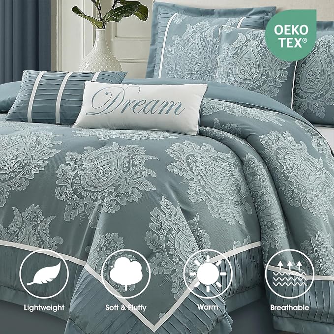 Blue King Size Comforter Set 7 Pieces, Jacquard Woven with Damask, Bedding Set in a Bag Includes Comforter, Bed Skirt, Pillow Shams, and Decorative Pillows