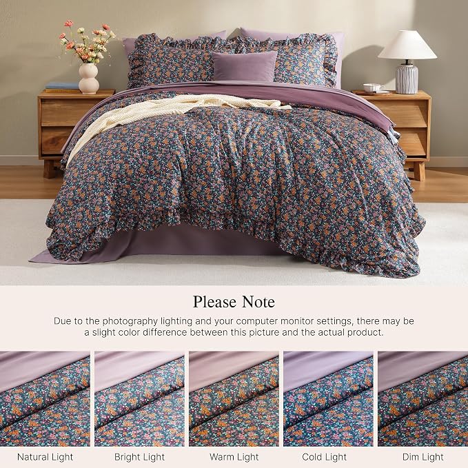 Queen Comforter Set-7 Pieces Floral Ruffle Bedding Set | Purple Ditzy Bed in a Bag, Soft Lightweight All Season Farmhouse Queen Bedding Sets with Sheets, Pillowcases & Shams