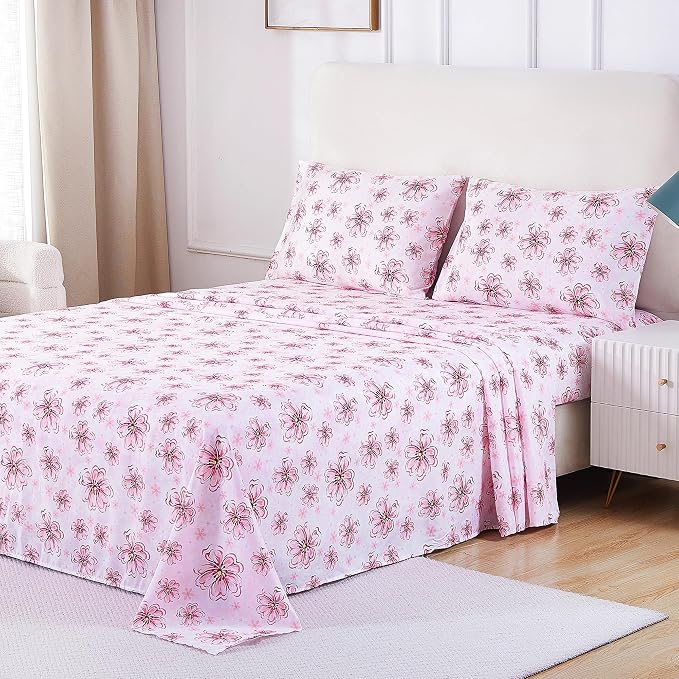 Softan Pink Floral Full Sheet Set, Cozy Printed Microfiber Bed Fitted Sheets with 15" Deep Pocket & Non-Slip Corner Straps, Girls Cherry Blossom Flower Patterned Double Sheets & Pillowcase Set