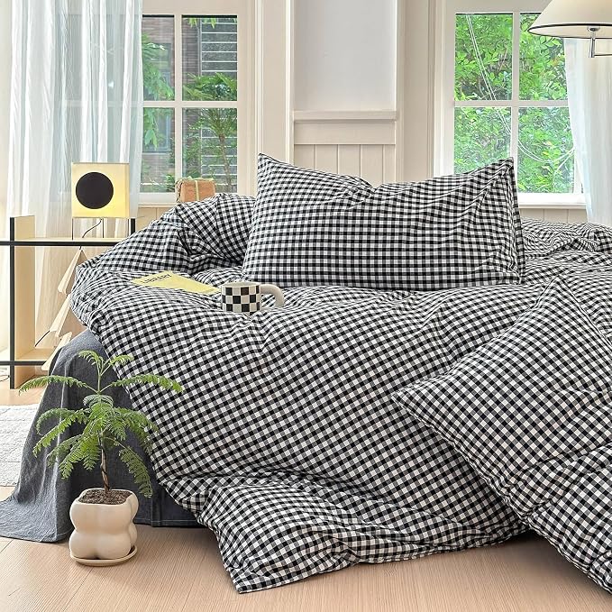 LifeTB Black Gingham Comforter Set King Geometric Checkered Plaid Comforter Set 3 Pieces Boho Grid Comforter with 2 Pillowcases Fluffy Soft Checkered Pattern Lightweight Gingham Bedding Set King
