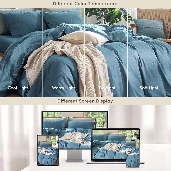 MooMee Duvet Cover Set 100% Washed Cotton Linen Like King | Relaxed Linen-like Texture. Soft, Breathable & Long-lasting Comfort. Lightweight. Hidden Zipper with 8 Interior Corner Ties