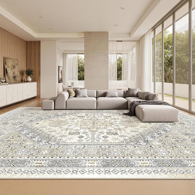 10x14 Area Rugs for Living Room,Large Washable Rug,Beige | Rugs for Bedroom,Dining Room,Office,Low Pile,Soft, Vintage Rug,Stain Resistant Indoor Carpet,Non Slip,Home Decor
