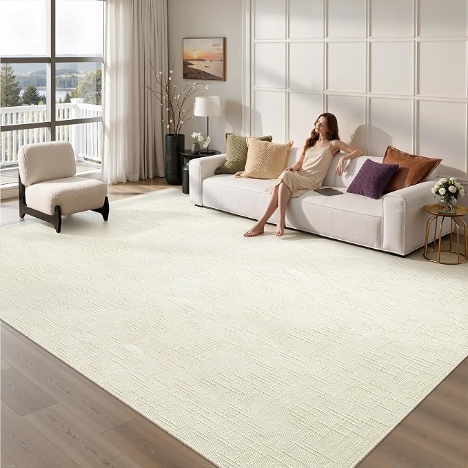 8x10 Area Rugs for Living Room, High-Low Pile Washable Rug, Ivory | Soft Fluffy Textured Design Non Slip & Lighweight, Folable, Stain Resistant Floor Carpet Rug for Bedroom, Dining Room, Office