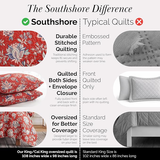 Southshore Fine Living, Inc. Oversized King Quilt Bedding Set, Jacobean Willow Floral Quilt Set with 2 Matching Pillow Shams, Lightweight California King Bed Spread, Soft Microfiber Fabric, Red