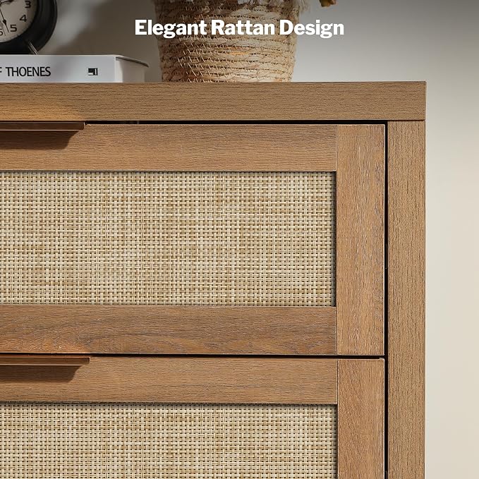 SICOTAS Rattan Dresser for Bedroom, 57" Wide 6 Drawer Dresser | Dressers with Ample Storage, Large Chest of Drawers, Closet, Boho TV Stand for Bedroom, Reclaimed Caramel Oak, 1 Piece