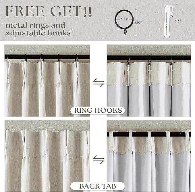 Extra Wide 92 Inch Pinch Pleat Linen 100% Blackout Curtains Natural 1 Panel | 2 Layer Design, Thermal Insulated Room Darkening, Noise Reducing, Cream Ivory, Pinch Pleated Curtains for Living Room Bedroom