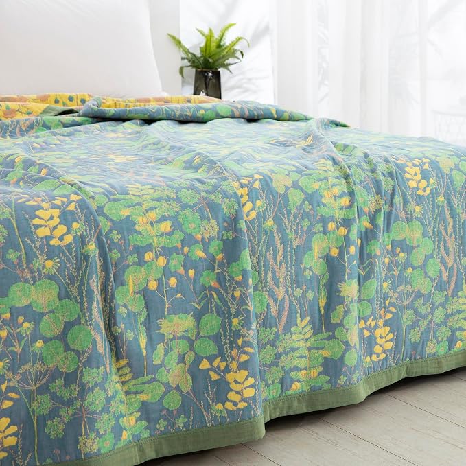 100% Cotton Muslin Botanical Blanket Jacquard Floral Plants Pattern Quilt, Soft Bed Cover Lightweight Breathable Gauzy Reversible Bedspread Coverlet Full/Queen(78"x94"), No Pillow Sham