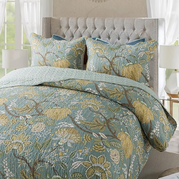 Bedspread Quilt Sets-Reversible Patchwork Coverlet Set, Green Floral Pattern, King Size