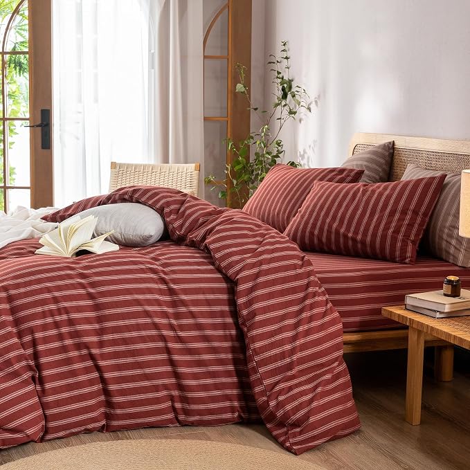 BESTOUCH Striped Cotton Duvet Cover Set Linen Feel Twin | 100% Washed Cotton, Soft Wrinkle Texture, Hidden Zipper, 8 Ties, Breathable Lightweight Durable Comfy, 2 Pcs No Insert