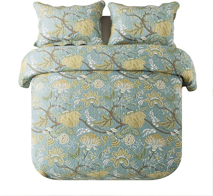 Bedspread Quilt Sets-Reversible Patchwork Coverlet Set, Green Floral Pattern, King Size