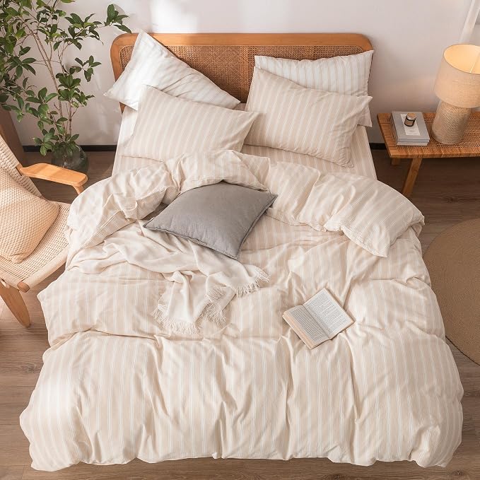 BESTOUCH Striped Cotton Duvet Cover Set Linen Feel California King | 100% Washed Cotton, Soft Wrinkle Texture, Hidden Zipper, 8 Ties, Breathable Lightweight Durable Comfy, 3 Pcs No Insert