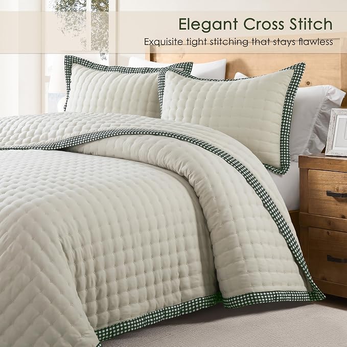 WDCOZY Wheat Cloud Quilt Set Twin Size, Lightweight Soft Cross Stitch Bedspread, Farmhouse Rustic Country Coverlet, Spring Summer Thin Comforter, 2 Pieces, 1 Pillow Sham, 68x90 inches