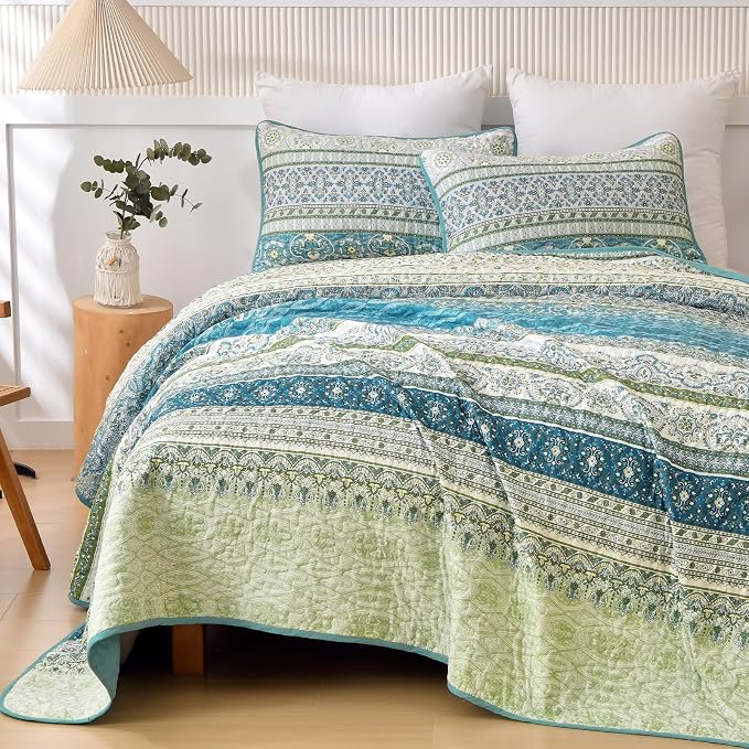 WONGS BEDDING Boho Quilt Queen Size,3 Pcs Aqua Bedspread Bedding Set | Colorful Bohemian Striped Printed Bedding for All Season, Lightweight Microfiber Coverlet Set with 2 Pillowcases(96"x90")