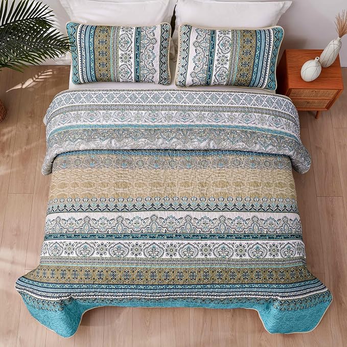 WONGS BEDDING Boho Quilt King Size,3 Pcs Bedspread Bedding Set, Blue Brown | Colorful Bohemian Striped Printed Bedding for All Season, Lightweight Microfiber Coverlet Set with 2 Pillowcases(104"x90")