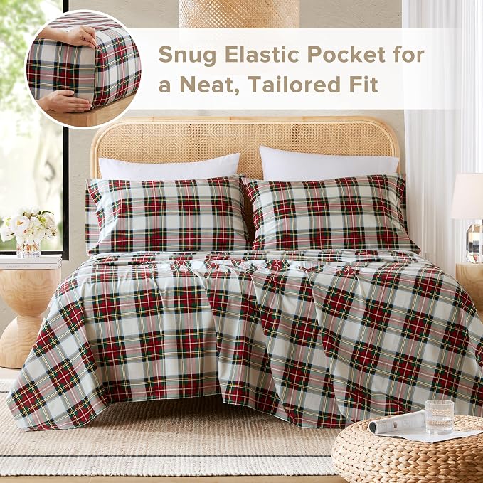 Comfort Spaces 100% Cotton Percale Sheets Full Sheet Set, 4 Piece | Crisp, Cool & Breathable Bed Sheets, 14" Deep Pocket Fits Up to 16" Mattress, Lightweight, All Season, Scottish Plaid Red