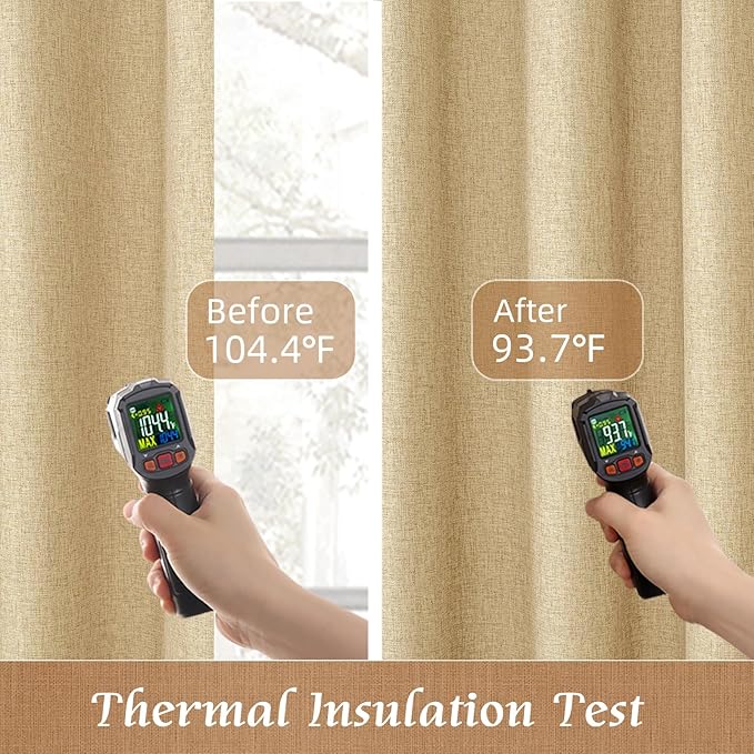 100% Blackout Linen Curtains 63 Inches Long 2 Panels, 60 x 63 Inch | Thermal Insulated, Living Room, Burlap, Bedroom Curtains, Full Room Darkening Panels, Rod Pocket Back Tab, with White Liner