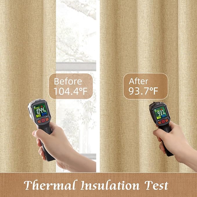 63 Inch 100% Blackout Linen Curtains for Bedroom 2 Panels, Burlap | Thermal Insulated, Privacy, Short Window Curtains, Room Darkening Panels, Rod Pocket Back Tab, with White Liner, 42 x 63 Inch