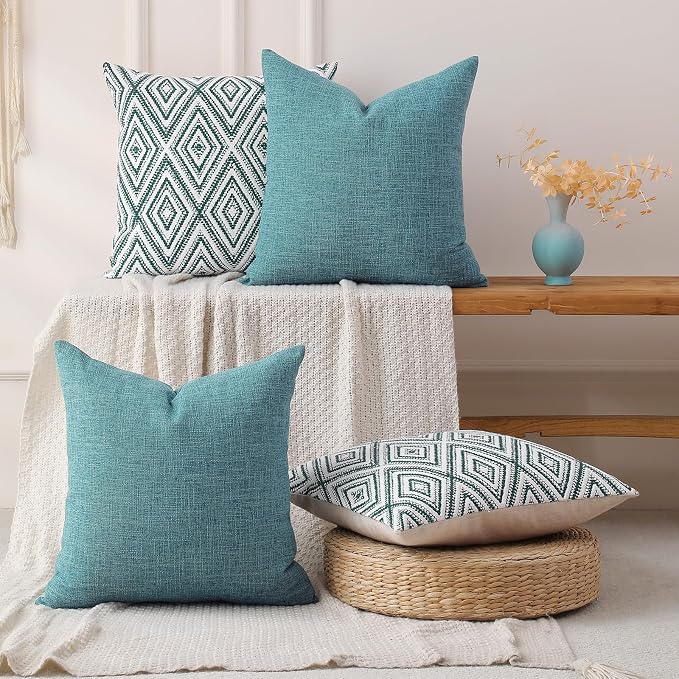 HPUK Throw Pillow Covers 18x18, Set of 4, Aqua Blue Couch Pillow Covers | Polyester fabric, patterned and solid designs, hidden zippers, machine washable, for sofas and beds, inserts not included
