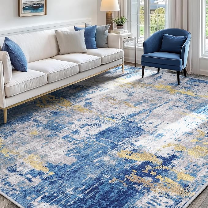 RELEANY Washable 9'x12' Abstract Area Rug for Living Room Blue Gold | Carpet for Bedroom, Kitchen, Office, Hallway and Entryway, Printed Pattern, Non‑Slip, Soft, Stain‑Resistant, Easy to Clean