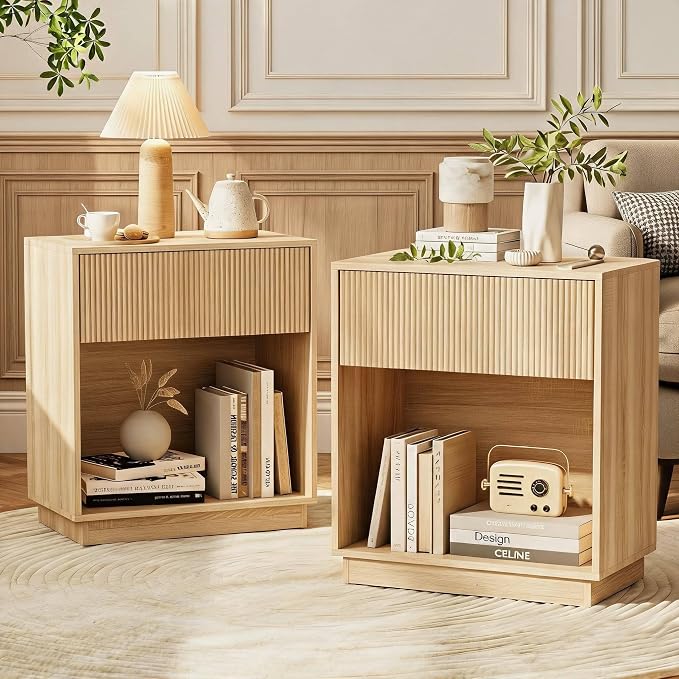 Fluted Nightstands Set of 2, Modern Bedside Table with Storage Drawer and Open Wood Shelf, Wood End Table Mid Century Night Stands for Bedroom Living Room Sofa Couch Office Oak