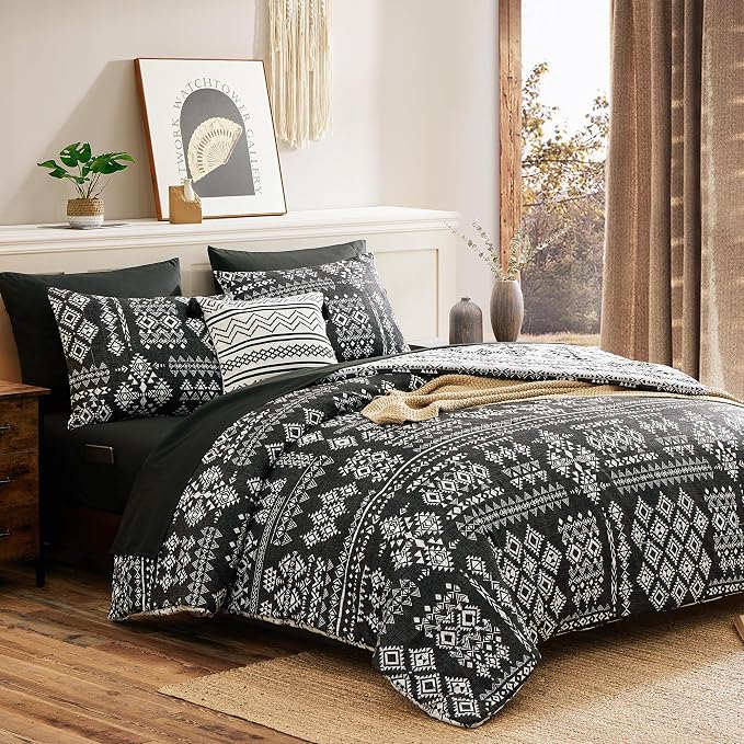 King Size Comforter Set - 7 Pieces Western Bedding Reversible Bed in a Bag | Boho Bedding, All Season Aztec Bed Set with Comforter, Sheets, Pillowcases & Shams, Grey and Black