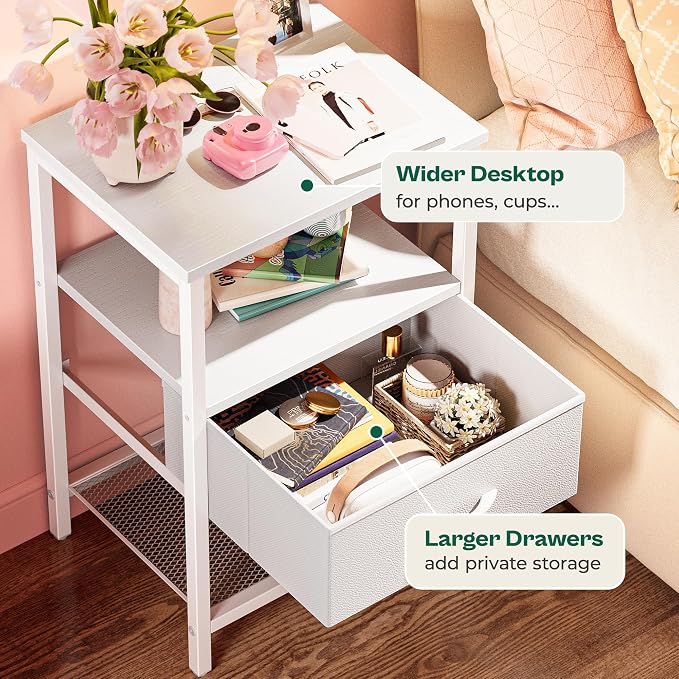 Huuger Nightstand Set of 2, Night Stand with Fabric Drawer, Mesh Shelf | Side Table with Storage, Fabric Drawer Dresser, Open Shelf, Metal Frame, Bedroom, White