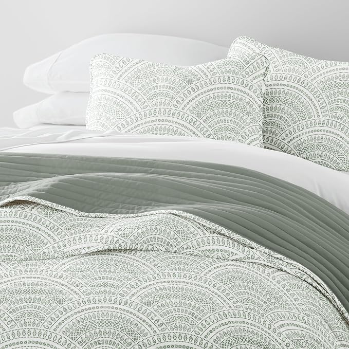 Merit Linens Soft Quilt Coverlet Bedding Set - Pattern/Solid Reversible - Full/Queen Eucalyptus