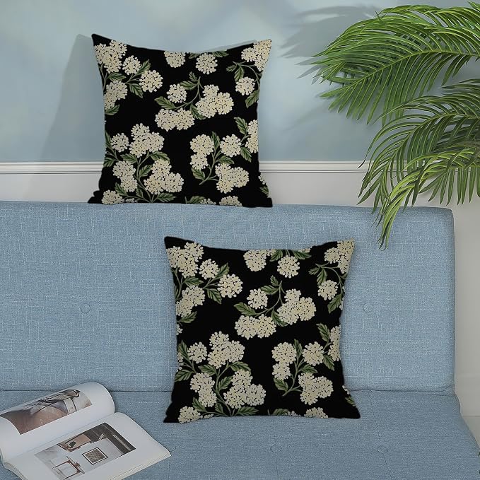 Black Spring Pillow Covers 22x22 Inch 2 Pcs Green Hydrangea Flower Decor Throw Pillows Vintage Floral Seasonal Summer Outdoor Decoration Pillowcase Linen Cushion Cover for Couch Sofa