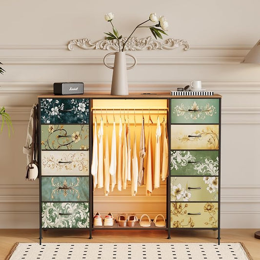 LUMTOK 55"W Dresser with Hanging Rack,10 Fabric drawers & Hooks for Bedroom | Retro 10 Drawers Dresser with LED Lights, Charging Station,chest of drawers with wooden top for clothing storage organization