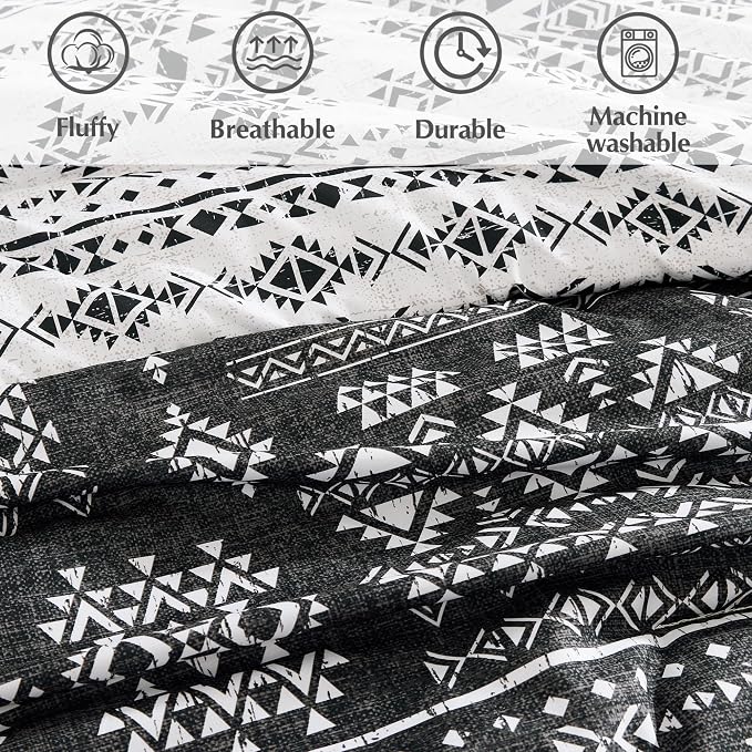 King Size Comforter Set - 7 Pieces Western Bedding Reversible Bed in a Bag | Boho Bedding, All Season Aztec Bed Set with Comforter, Sheets, Pillowcases & Shams, Grey and Black
