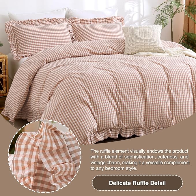ATsense Pink Brown Gingham Ruffle Duvet Cover Set Cotton Like Linen, Queen | 100% Washed Cotton Linen-Like Feel Soft, Breathable & Comfy. Fall Farmhouse Bedding Set, Zipper & 8 Ties. 3 Pcs, No Insert