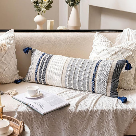 Navy Dark Blue Boho Decorative Lumbar Pillow Cover 14x36, Long Body Pillow for Bed, Accent Lumbar Throw Pillow for Couch, Modern Farmhouse Textured Pillowcase