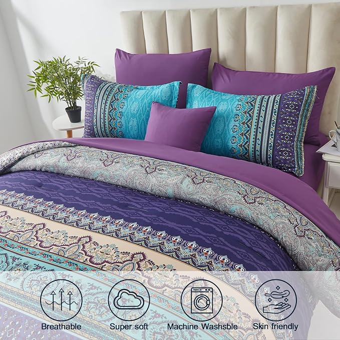 Cottolester Boho Comforter Set King Size 8 Piece Bed in a Bag Bohemian Striped Bedding Quilt Set Aqua Paisley Floral Comforter and Sheet Set,Soft Microfiber Complete Bedding Sets for All Season
