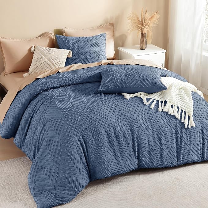 Litanika California King Comforter Set, 3 Pcs Tufted Boho Bedding Set | Ocean Blue Farmhouse Shabby Chic Vintage Bohemian Textured Aesthetic Soft Fluffy Lightweight Breathable All Season Bed Set