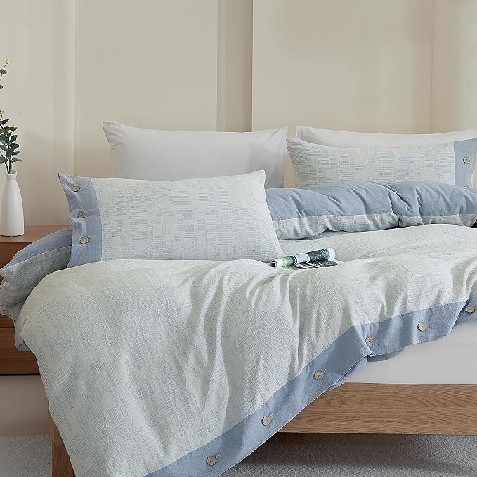 Oli Anderson 100% Egyptian Cotton Duvet Cover Queen Size, Blue, 3 Pieces | Yarn Dyed Jacquard Textured Bedding Set, Striped Boho Design, Pre-Washed, Button Closure, Soft Breathable, All Season Comfort