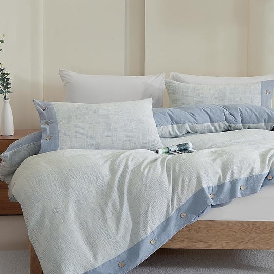Oli Anderson 100% Egyptian Cotton Duvet Cover Twin Size, Blue, 2 Pieces | Yarn Dyed Jacquard Textured Bedding Set, Striped Boho Design, Pre-Washed, Button Closure, Soft Breathable, All Season Comfort