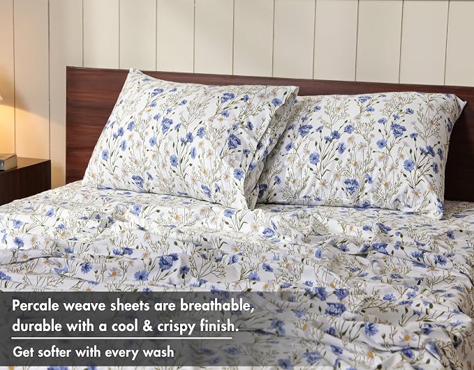 RUVANTI 100% Cotton Percale Sheets Full Size, Sweet Pea | Crisp Cooling, Deep Pocket 16", Soft Breathable & Durable, Hotel-Style, 4 Piece Set