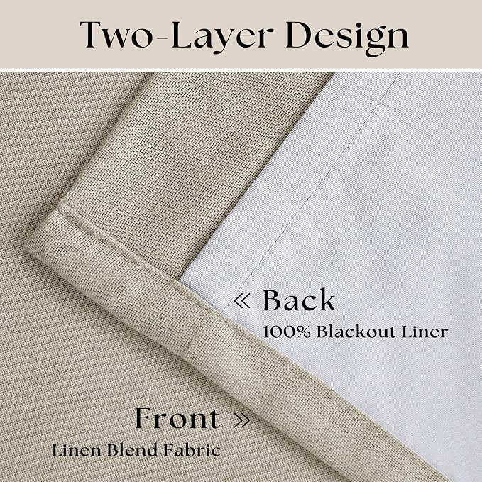 Oatmeal Pleated Linen 100% Blackout Curtains 90 Inches Long for Bedroom | Pinch Pleat Rings Hooks Back Tab, Black Out Thermal Insulated Room Darkening, Neutral Curtains with Liner, for Living Room