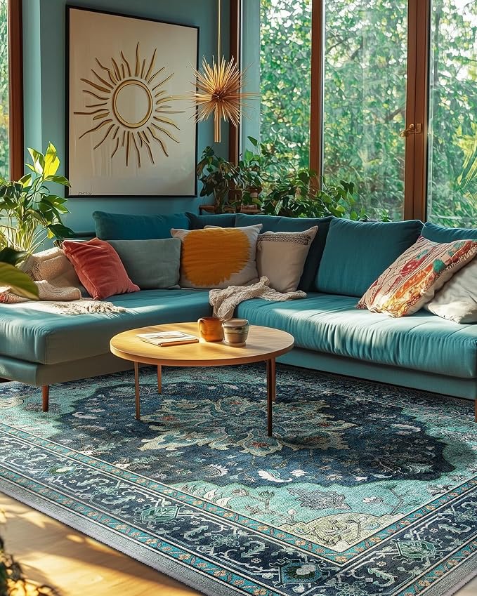 RELEANY Washable Area Rug, 6'x9', Teal | Non-Slip, Water Repellent, Pet Friendly, Easy to Clean, Vintage Floral Boho Decor for Living Room Bedroom Dining Room Office