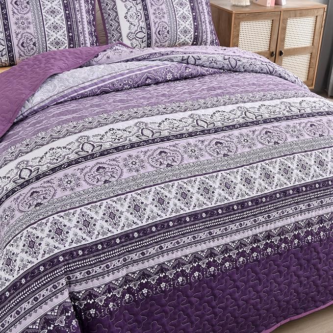 WONGS BEDDING Boho Quilt Queen Size,3 Pcs Purple Bedspread Bedding Set | Colorful Bohemian Striped Printed Bedding for All Season, Lightweight Microfiber Coverlet Set with 2 Pillowcases(96"x90")