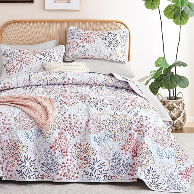 WONGS BEDDINGKing Quilt Set, 3 Pcs Red Blue Floral Bedspread Coverlet | Botanical Print Quilt Set for Spring Summer, Lightweight Microfiber Farmhouse Quilted Bed Cover for Guest Room 110"×90"