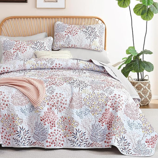 WONGS BEDDINGKing Quilt Set, 3 Pcs Red Blue Floral Bedspread Coverlet | Botanical Print Quilt Set for Spring Summer, Lightweight Microfiber Farmhouse Quilted Bed Cover for Guest Room 110"×90"