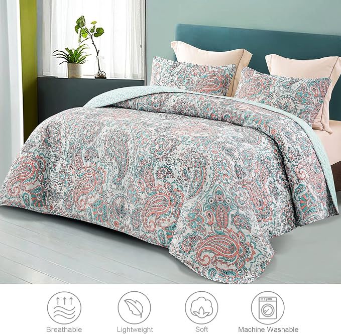 Exclusivo Mezcla Reversible Boho Quilt King Size Aqua | Lightweight Soft Bedspreads, All Season Paisley Coverlet Bedding Set, Printed Floral Pattern, 1 Quilt and 2 Pillow Shams