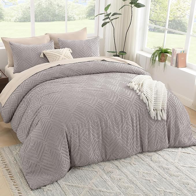 Litanika California King Comforter Set, 3 Pcs Tufted Boho Bedding Set | Milk Grey Farmhouse Shabby Chic Vintage Bohemian Textured Aesthetic Soft Fluffy Lightweight Breathable All Season Bed Set