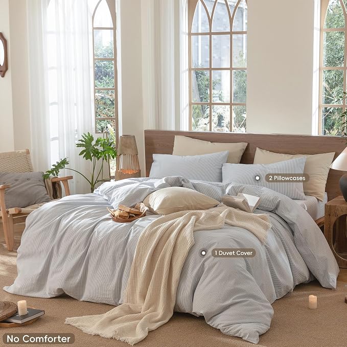 MooMee Striped Duvet Cover Set 100% Washed Cotton Linen Like Alaska King | Relaxed Linen-like Texture. Soft, Breathable & Long-lasting Comfort. Lightweight. Hidden Zipper with 8 Interior Corner Ties