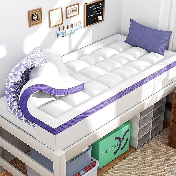 Dorm Room Essentials Dual Layer 4 Inch Memory Foam Mattress Topper Twin XL | 2 Inch Gel Memory Foam and 2 Inch Pillow Top Mattress Pad for Back to School , 7-Zone Egg Crate & 2-in-1 Design (White)